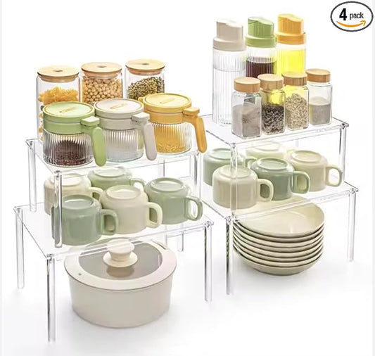 Acrylic Cabinet Shelf Organizer Set of 4 Spice Rack, Desk, Countertop Shelf, Bathroom, Pantry, Kitchen Storage, Refrigerator and Organization Stackable Shelves