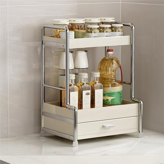 2-Tier Metal Spice Rack Desktop Storage Rack with Drawers Multifunctional Organizer Cosmetic Box for Bathroom Kitchen Beautiful