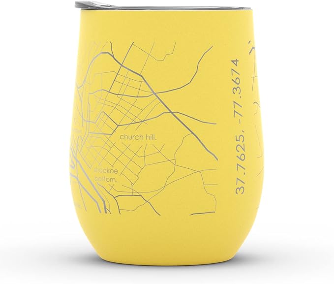 Well Told Engraved Richmond Virginia Map Insulated Wine Tumbler, Etched Stainless Steel Cup (12 oz, Sunrise Yellow) City Map Insulated Tumbler, Custom Insulated Tumbler, Outdoor Drinkware