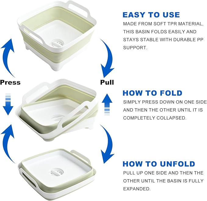 Collapsible Dish Basin, 2.4 Gallon Foldable Kitchen Sink with Drain Plug for Space-Saving Dish Washing, Vegetable & Baby Bottle Cleaning