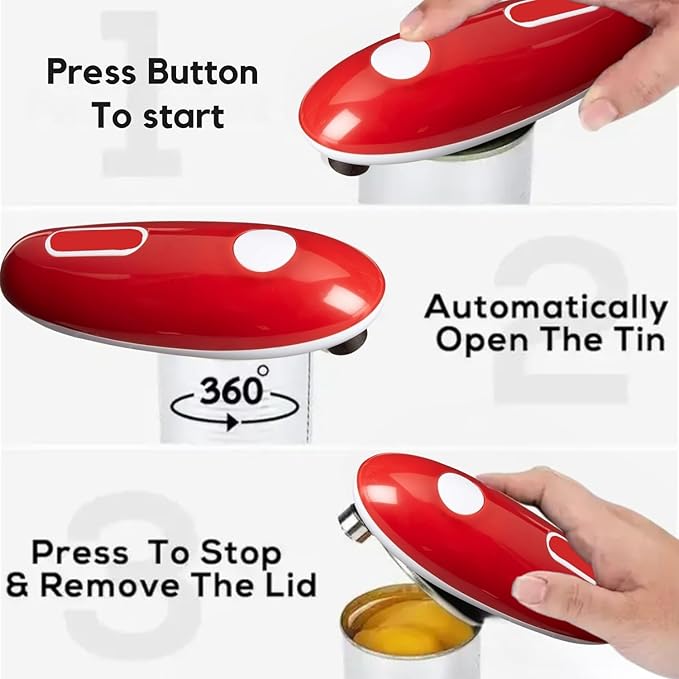 Automatic Electric Can Opener Red – Hands-Free, One-Touch Can Opening for Seniors, Arthritis-Friendly, Smooth Edge, Battery Operated, Safe Compact Kitchen Gadget for Home Use.