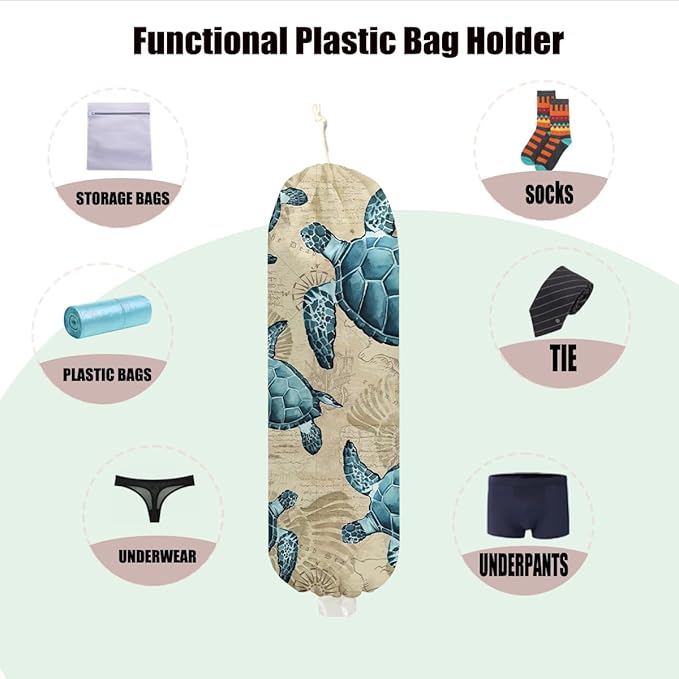 Turtle Plastic Bag Holder for Kitchen Essentials, Shells Wall Mount Grocery Bag Holder for Plastic Bags, Reusable Grocery Bags Storage Dispenser for Kitchen Pantry Decor, Sea Turtle Gifts for Women