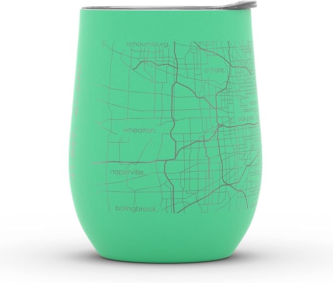 Well Told Engraved Chicago Illinois Map Insulated Wine Tumbler, Etched Stainless Steel Cup (12 oz, Sunday Green) City Map Insulated Tumbler, Custom Insulated Tumbler, Outdoor Drinkware