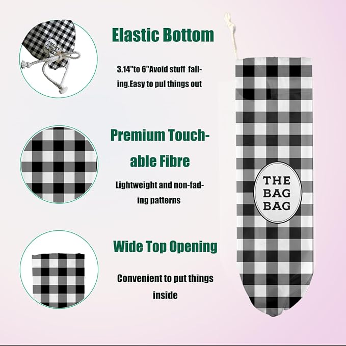 Black and White Checkered Plastic Bag Holder, Wall Mount Grocery Bag Holder for Plastic Bags, Reusable Washable Grocery Bags Storage Dispenser for Home Kitchen Pantry Decor, Vintage Gifts for Women