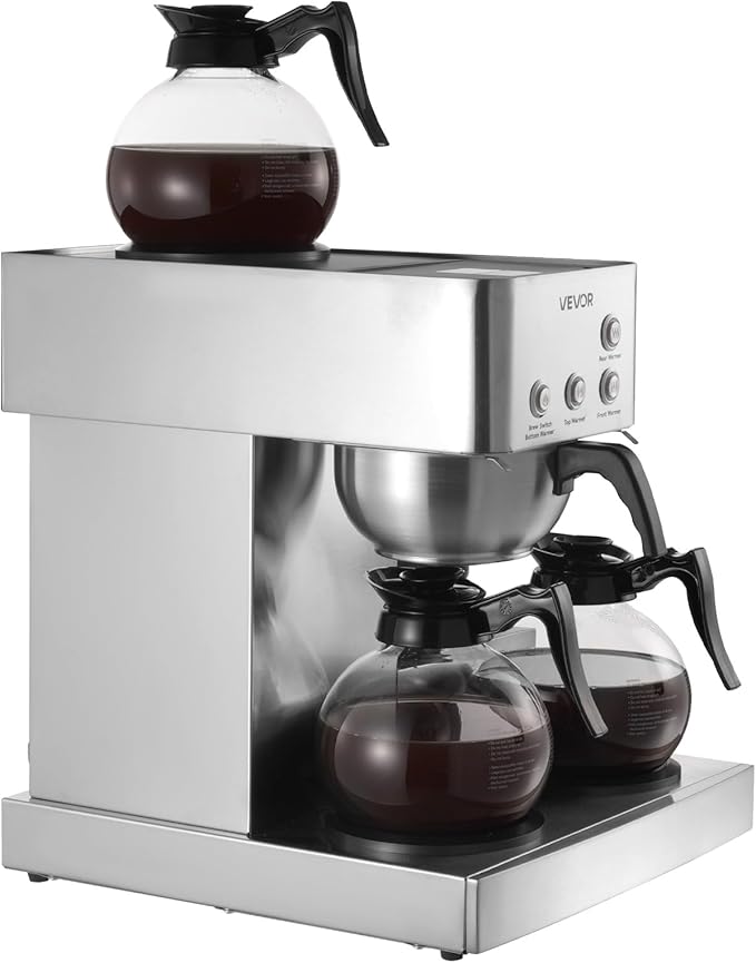 VEVOR Commercial Drip Coffee Maker, 12 Cups Coffee-Maker Machine with 4 Glass Carafes and 4 Decanter Warmer Plates, Stainless Steel Drip Style Coffee Brewer, for Restaurant, Office, Coffee Shop & Home