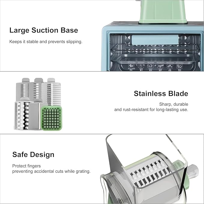Rotary Cheese Grater, 6-in-1 Vegetable Shredder and Mandoline Slicer with 6 Stainless Steel Blades, Easy to Use & Clean Food Chopper with Dicing Blade (White)