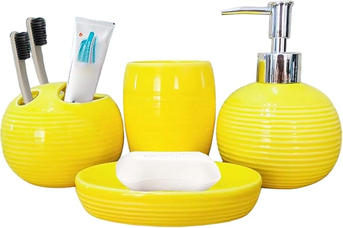 4Pcs/Set Yellow Bathroom Accessories Ceramic Vibrant Soap Dispenser with Toothbrush Holder & Soap Dish & Cup Complete Toothbrush Holder Set