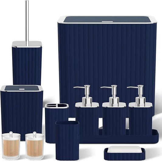 Bathroom Accessory Set - Bathroom Set, 12PC Bathroom Accessories Set, Blue Bathroom Accessories Set, Mini Trash Can, Toilet Brush, Trash Can & Soap Dispenser