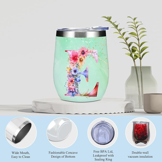 Personalized Gifts Monogrammed Birthday Gifts for Women, Daughter Bestie Friendship Christmas Halloween Initial Wine Tumbler Makeup Bag Scented Candle Bracelet Set, (Aesthetic Green Flower E)