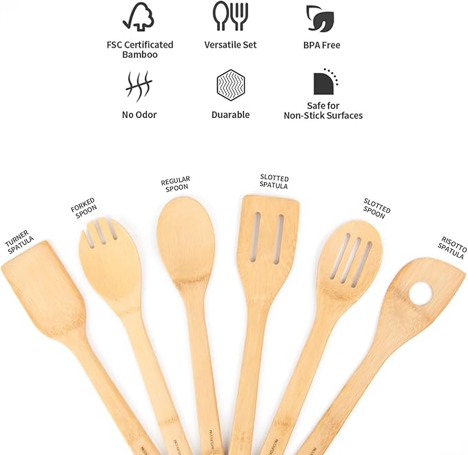 Naturoom Kitchen Utensils Set of 6 PCS, 12Inches Bamboo Wooden Cooking Spoon & Spatula Tools Perfect for Non-Stick Cookware. (Set of 6)