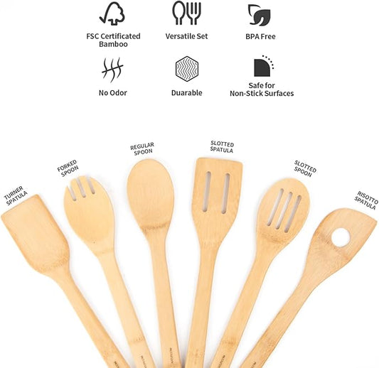 Naturoom Kitchen Utensils Set of 6 PCS, 12Inches Bamboo Wooden Cooking Spoon & Spatula Tools Perfect for Non-Stick Cookware. (Set of 6)