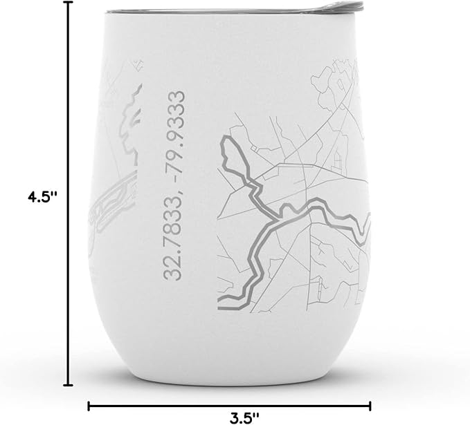 Well Told Engraved Charleston South Carolina Map Insulated Wine Tumbler, Etched Stainless Steel Wine Tumbler (12 oz, White) City Map Insulated Tumbler, Custom Insulated Tumbler, Outdoor Drinkware