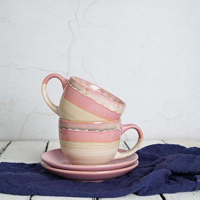 Bosmarlin Ceramic Cappuccino Cup and Saucer Set of 2, 10 Oz, Coffee Cups for Latte, Espresso, Tea, Dishwasher and Microwave Safe, Reavtive Glaze (Pink)