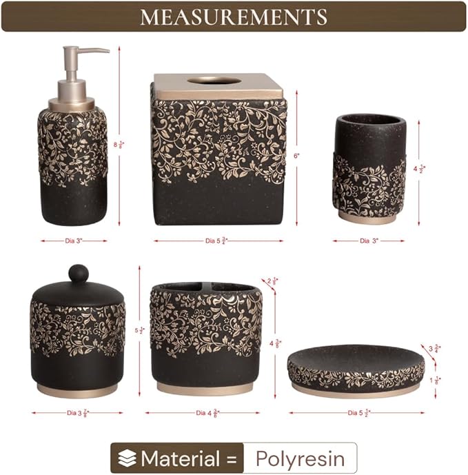 Decozen Bathroom Accessories Set 6Pcs – Soap Dispenser, Toothbrush Holder, Tumbler, Soap Dish & Cotton Swab Jar – Modern Bathroom Decor, Bath Set for Christmas Decor, Stella