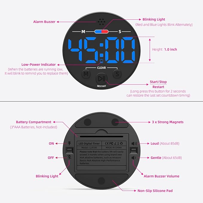 Large LED Digital Timer, Magnetic Countdown Loud Timer for Kitchen Cooking, Classroom Whiteboard, Kids, Toddler, Game, Productivity, Focus, Work, Task, Office, Meeting – Small, Simple, Visual, Blue