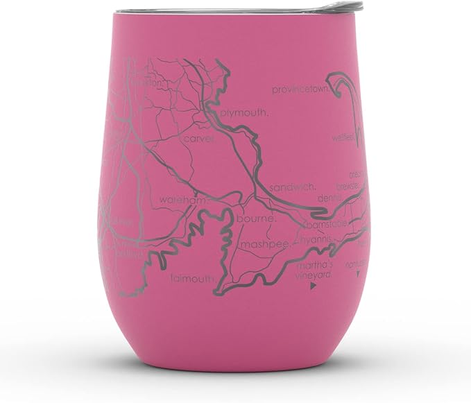 Well Told Engraved Cape Cod Massachusetts Map Insulated Wine Tumbler, Etched Stainless Steel Cup (12 oz, Sunset Pink) City Map Insulated Tumbler, Custom Insulated Tumbler, Outdoor Drinkware