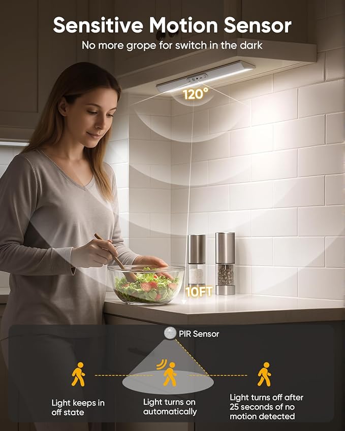 Motion Sensor Closet Lights, Eye Protection Design Under Cabinet Lighting Wireless with Remote Control, 3 Color Temps & Dimmable, Rechargeable Closet Lights for Kitchen, Wardrobe, Shelf, Pantry