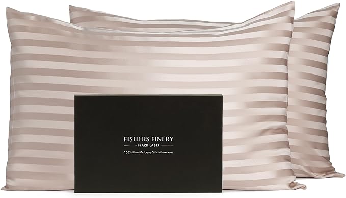 Fishers Finery 30mm 100% Pure Mulberry Silk Pillowcase Set, Quality Tested (Taupe Stripe, Queen, 2 Pack)