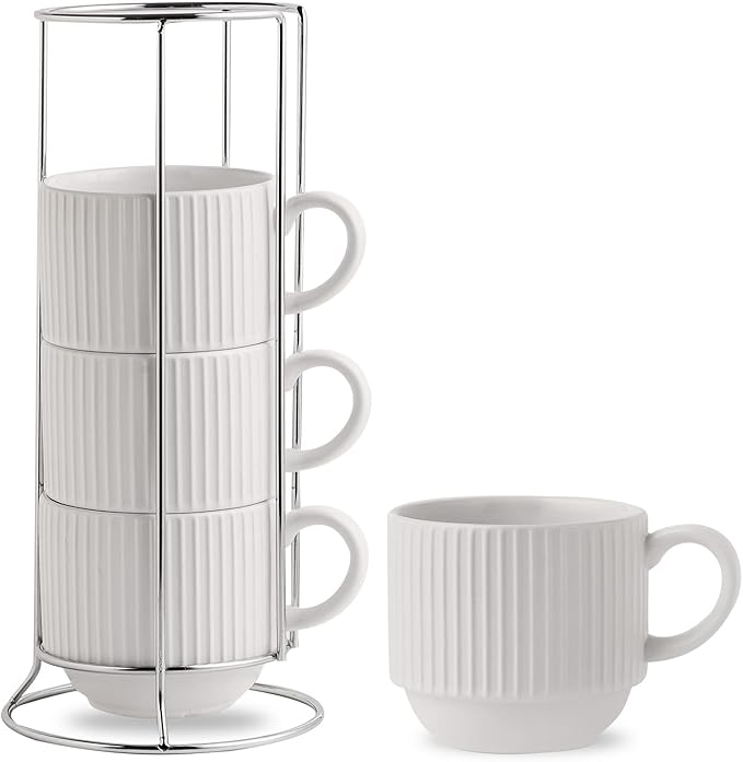HASENSE Ceramic Coffee Mugs Set of 4 with Rack - 15 oz Stackable Large Porcelain Ribbed Latte Cup Set for Cappuccino, Tea, Hot Cocoa, Drinks - Dishwasher & Microwave Safe, White