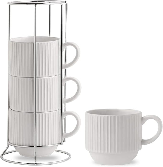 HASENSE Ceramic Coffee Mugs Set of 4 with Rack - 15 oz Stackable Large Porcelain Ribbed Latte Cup Set for Cappuccino, Tea, Hot Cocoa, Drinks - Dishwasher & Microwave Safe, White
