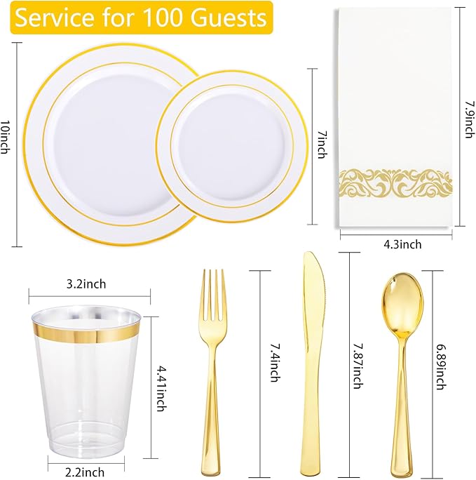 Supernal 800Pcs Gold Plastic Dinnerware Set, White Elegant Plastic Plates, Heavy Duty Disposable Plates Serve 100 Guests Including Dinner & Dessert Plate, Gold Silverware, Cups and Napkins for Wedding