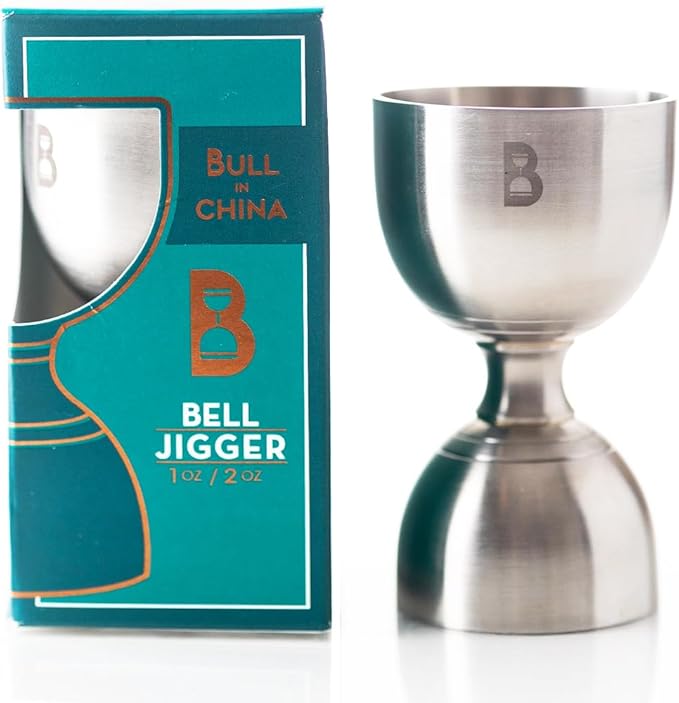 Double Bell Jigger by Bull In China - Classic Stainless Steel with 0.25oz to 2oz Measures for Cocktails, Bars & Bartenders