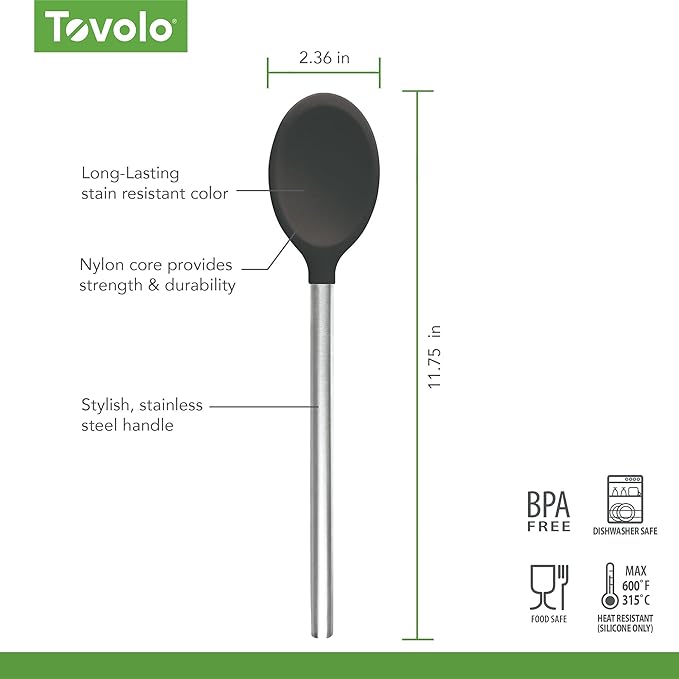Tovolo Mixing Spoon Stainless Steel Handle Scratch Resistant Non Stick Safe Kitchen Utensil for Cooking Baking Serving Stirring, Heat Resistant Silicone Stirring Spoon with Metal Handle Charcoal Gray