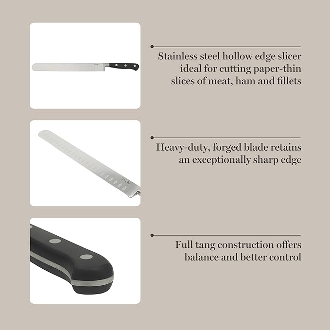 Martha Stewart Carverton 10" Hollow Edge Slicer Knife, High Carbon Stainless Steel Kitchen Knives w/Black Triple Riveted Handle