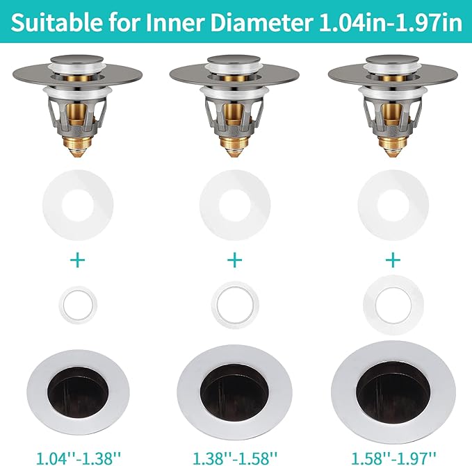 Universal Bathroom Sink Stopper with Hair Catcher, for 1.04-1.97 Inch Drain Hole, Spring Core Bathtub Drain Cover, Pop Up Sink Plug Basin Drain Strainer, Gray