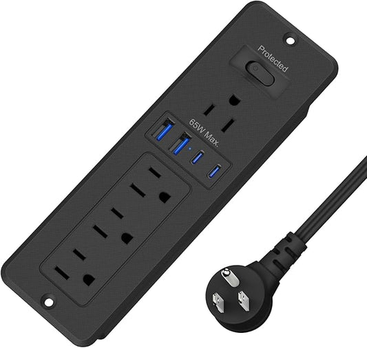 65W GaN USB C Recessed Power Strip, 4 AC Outlets & 2 USB-C PD + 2 USB-A QC, Flush Mount Hidden Charger Station for Desk Drawer Home Office Furniture