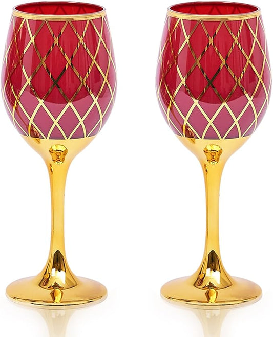 Gold Rim 12oz Wine Glasses, Set of 2 Insulated Glass, Long Stem, Holiday Cheer, Thanksgiving, Christmas Gift