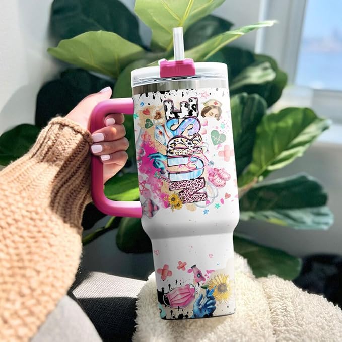 Coffee Straws Student Practitioner Cup Er Cups Leopard Travel Women Nurses Print For, Nurse Gifts, Tumbler 40 Oz With Handle Lid And Straw, Nurse Rainbow Collaboration