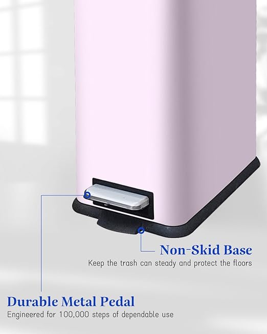 Bathroom Trash Can with Lid, 1.3 Gallon Trash Can with Removable Inner Bucket, Stainless Steel Garbage Can, Soft Close, Slim Pedal Trash Bin for Small Place, 5 Liters, Pink