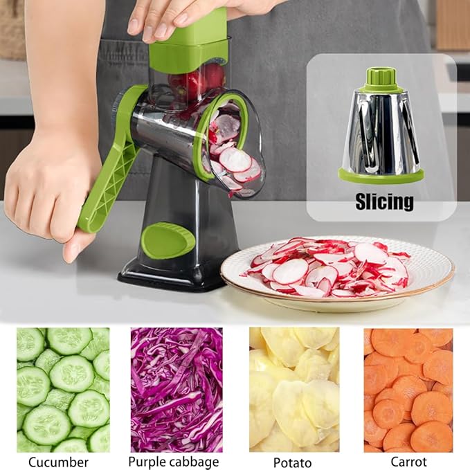 Rotary Cheese Grater Shredder with Handle Handheld Round Mandoline Vegetable Slicer Carrot Shredder Nut Grinder with 3 Replaceable Stainless Steel Drum Blades and Upgrade Strong Suction, Grey/Green