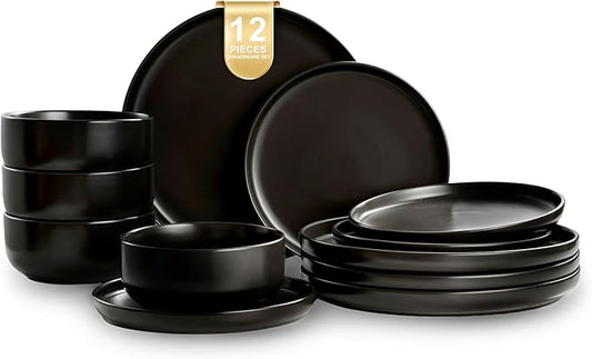 EWFEN Plates and Bowls Sets, Dinnerware Sets for 4, 12 Pieces Scratch Resistant Dishware Dishes Set, Ceramic Kitchen Dinner Set, Porcelain & Microwave and Dishwasher Safe, Black