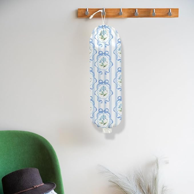Bow Plastic Bag Holder, Wall Mount Grocery Bag Holder for Plastic Bags, Blue Stripes Reusable Grocery Bags Storage Dispenser for Home Kitchen Pantry Decor, Flower Gifts for Women Mom, 22.5x9 Inch