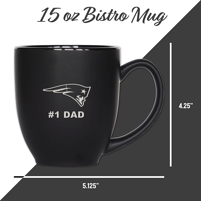 Rico Industries NFL Football #1 Dad 15oz Laser Engraved Matte Black Ceramic Bistro Mug - for Hot or Cold Drinks