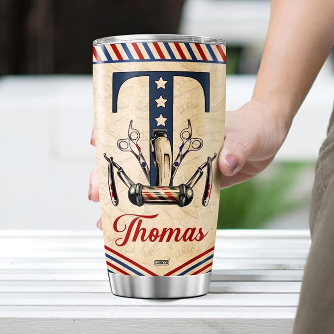 Personalized Initial Coffee Tumbler Barber Hair Stylist Travel Mug With Lid Custom Name Appreciation Birthday Gifts For Teens Men Boys Coworkers Insulated Cup Cold Steel Tumblers