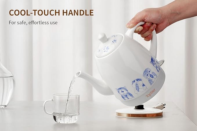 Toptier Electric Ceramic Tea Kettle, Boil Water Quickly and Easily, Detachable Swivel Base & Boil Dry Protection, Carefree Auto Shut Off, 1.5 L, Greedy Cat