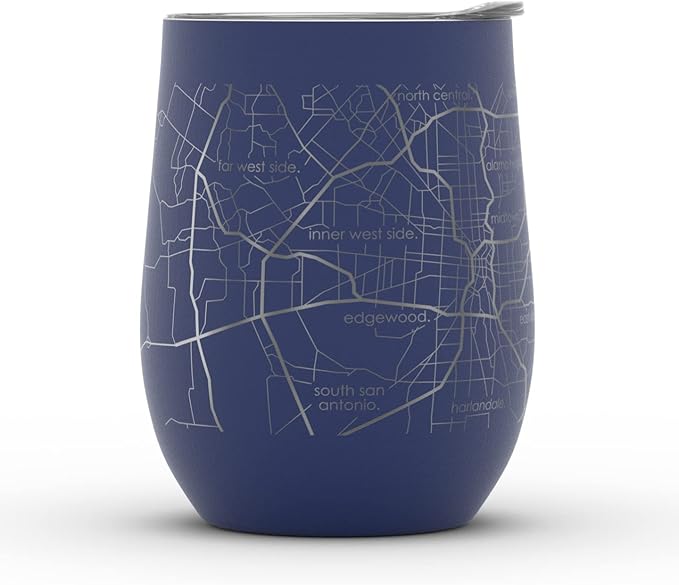 Well Told Engraved San Antonio Texas Map Insulated Wine Tumbler, Etched Stainless Steel Cup (12 oz, Midnight Blue) City Map Insulated Tumbler, Custom Insulated Tumbler, Outdoor Drinkware