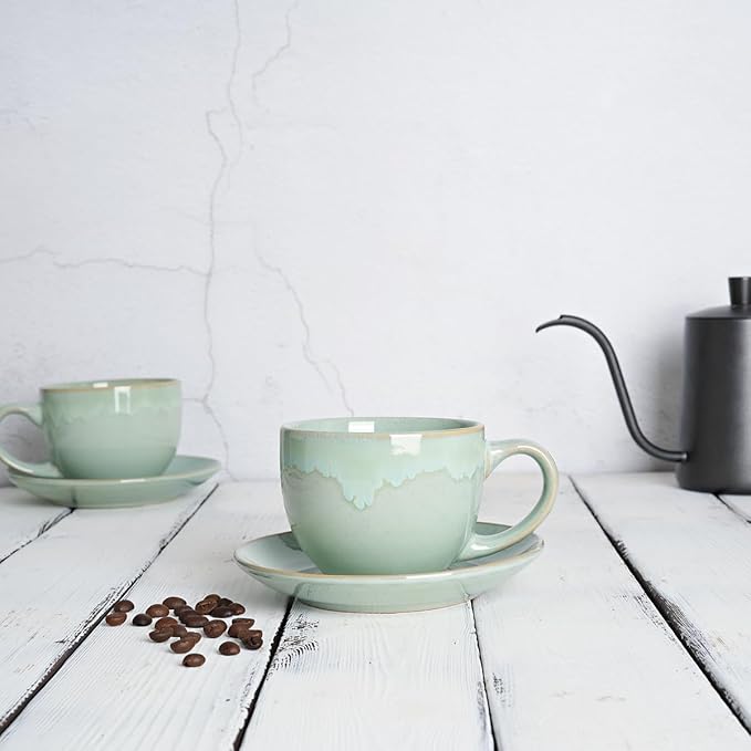Bosmarlin Ceramic Cappuccino Cup and Saucer Set of 2, 10 Oz, Coffee Cups for Latte, Espresso, Tea, Dishwasher and Microwave Safe, Reavtive Glaze (Green)