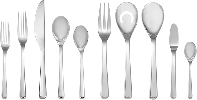 Nambé Aura 45-Piece Silverware Set – Contemporary Stainless Steel Flatware with Polished Mirror Finish, Includes 8 Place Settings & Serving Pieces – Stylish Cutlery for Dining & Hosting