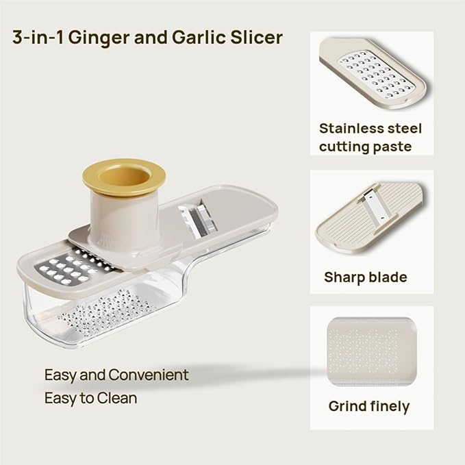 Multifunctional Garlic Grinder, 3 in 1 Mini Garlic Slicer Super Thin with Hand Guard, Vegetable Garlics Ginger Grind, Slice and Shred Mandoline Cutter with Container for Kitchen Tool (White)