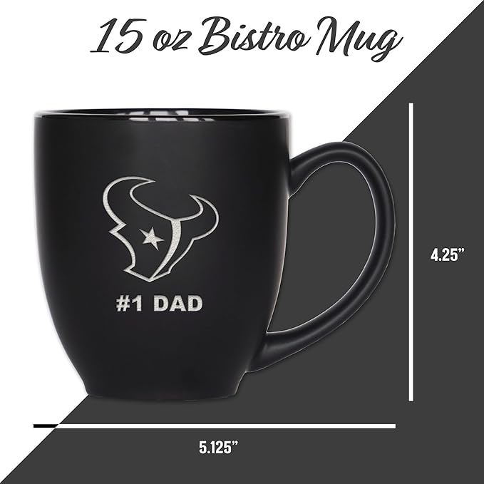 Rico Industries NFL Football #1 Dad 15oz Laser Engraved Matte Black Ceramic Bistro Mug - for Hot or Cold Drinks