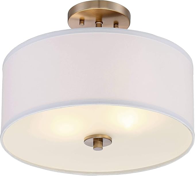 Possini Euro Design Halsted Modern Industrial Close to Ceiling Light Semi Flush Mount Fixture 15" Wide Warm Brass Gold White Linen Drum Shade for Bedroom Kitchen Living Room Hallway Bathroom