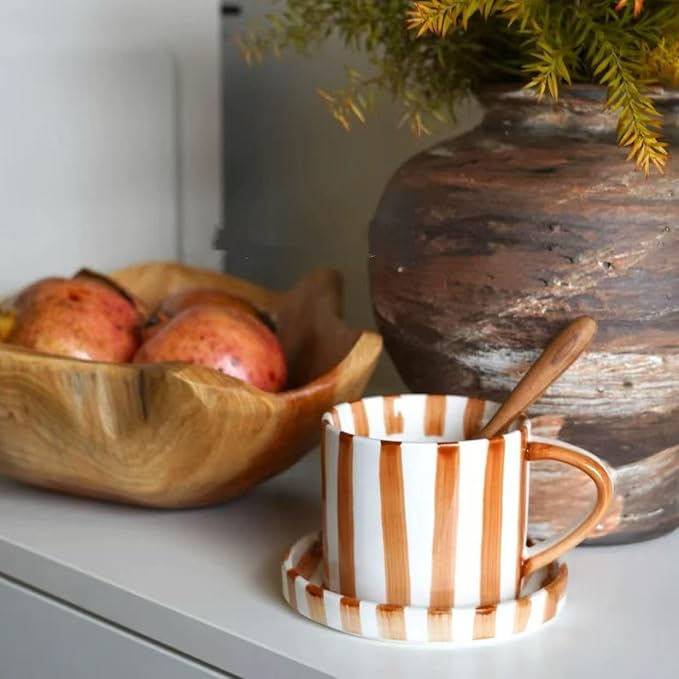 8Oz Stylish Handmade Vertical Striped Coffee Mug Espresso Cups With Saucer, Small Hand painted Ceramic Cappuccino Mugs, Glazed Tea Cup, Microwave safe Latte art mug(Brown), Fall mug