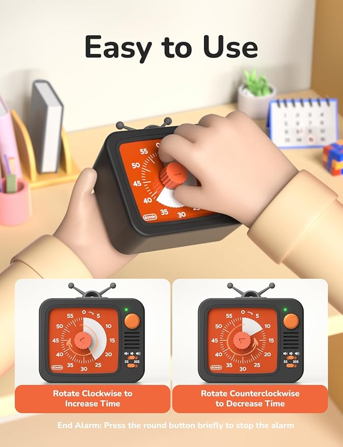LIORQUE Visual Timer for Kids with Pause Function, 60-Minute Countdown Timers for Classroom Office Kitchen with Silent Operation, Kids Timer for Teaching