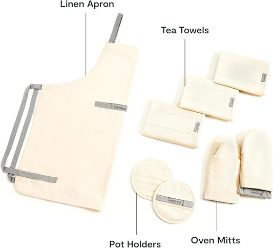 Caraway Linen Set - Apron, Pot Holders, Oven Mitts, & Tea Towels - 100% Organic Cotton - Durable, Machine Washable