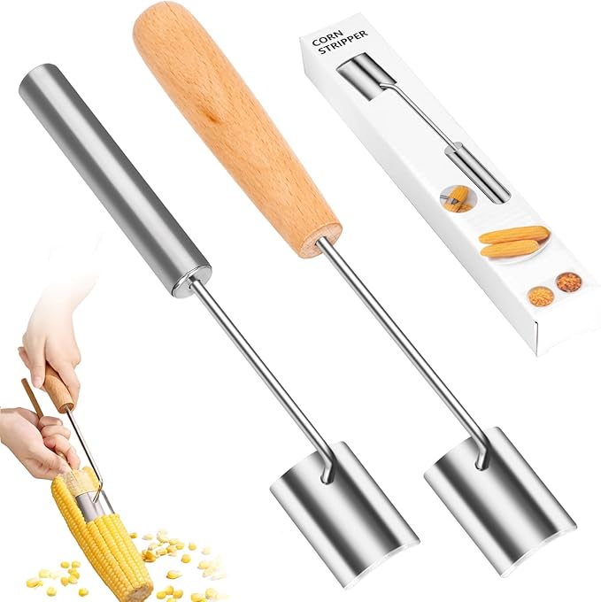 Corn Peeler for Corn on the Cob, 2025 Upgraded Wooden and Stainless Steel Handle Corn Stripper for Corn on the Cob, Corn Cob Stripping Tool Easy to Clean for Home Kitchen and Outdoor Cooking (2 Pcs)