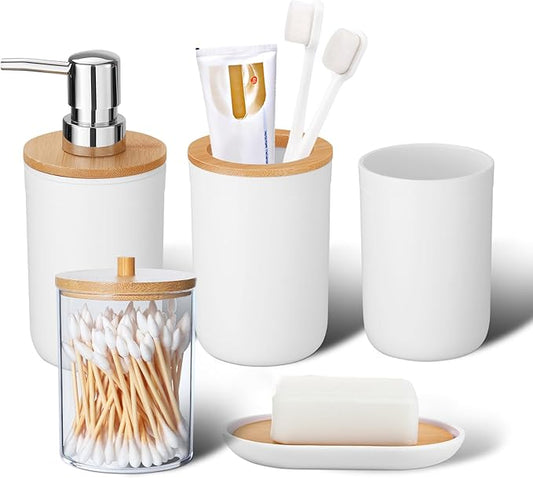 iMucci Bathroom Accessories Set 5Piece White Bathroom Sets, Toothbrush Holder, Toothbrush Cup, Lotion Soap Dispenser, Soap Dish and Qtip Holder Bathroom Decor